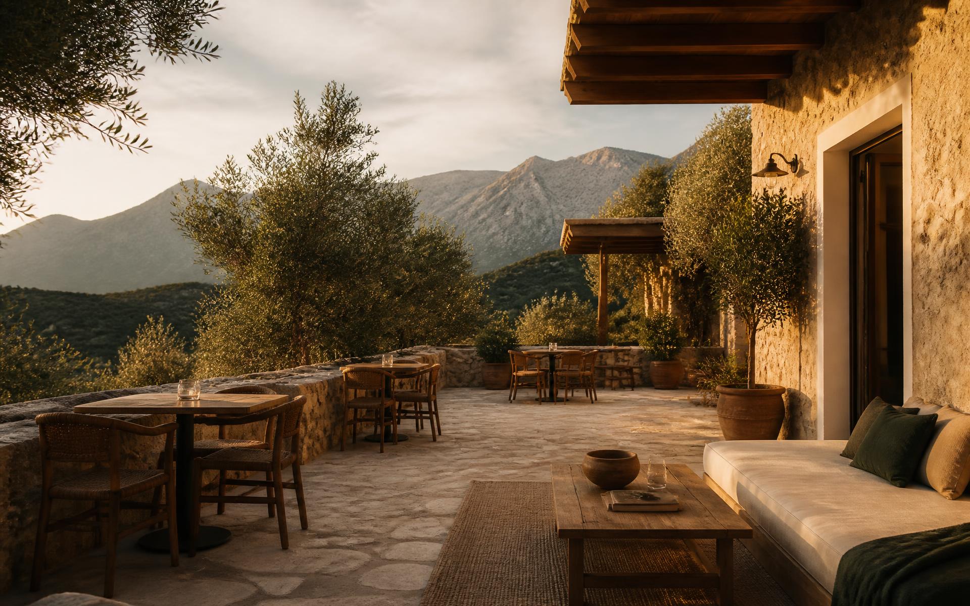 Terrasse eines inhabergeführten Gästeortes im Abendlicht, Olivenbäume und Berge im Hintergrund